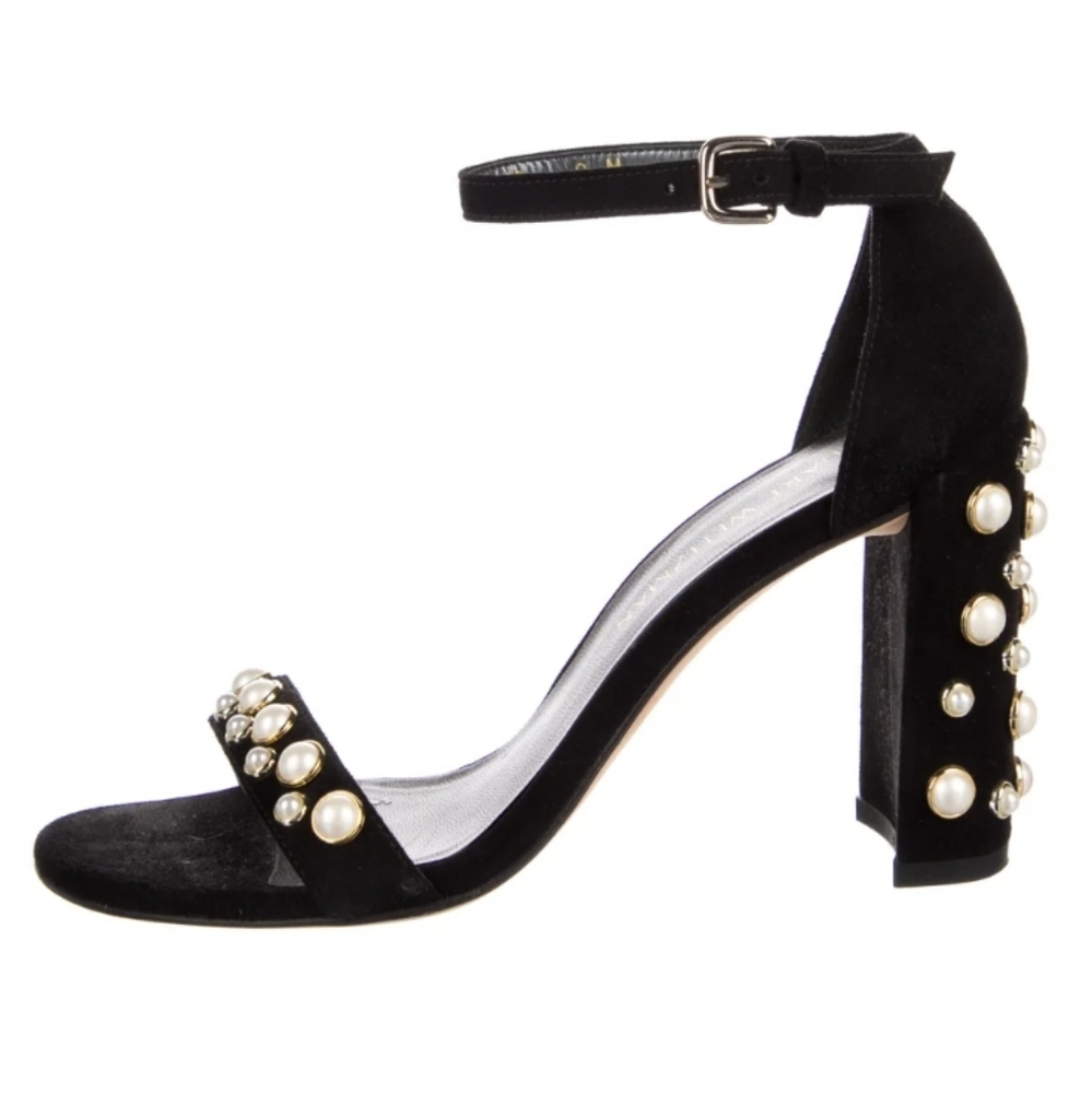 Stuart Weitzman Morepearls  Black Suede Block Heels Sandals 8 M
